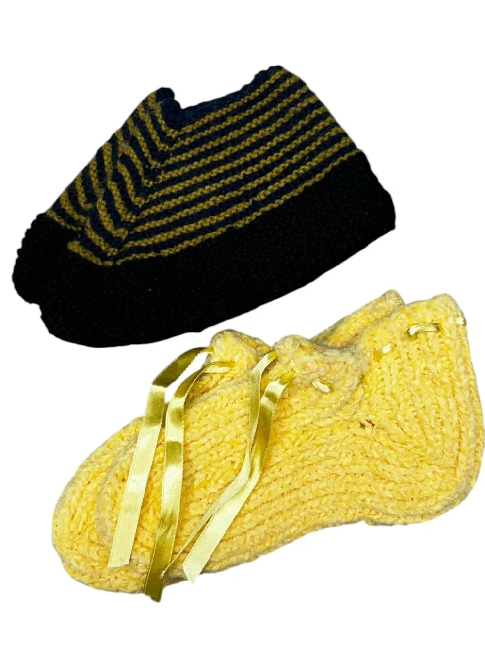 Hand Crocheted Kids Slippers Lot of 2 Pairs Yellow Navy Gold